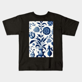 Floral Garden Botanical Print with Delft Blue and White Kids T-Shirt